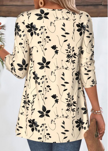 Beige tops,Plants tops,ROTITA Leaf Print Beige 3/4 Sleeve Light Cardigan