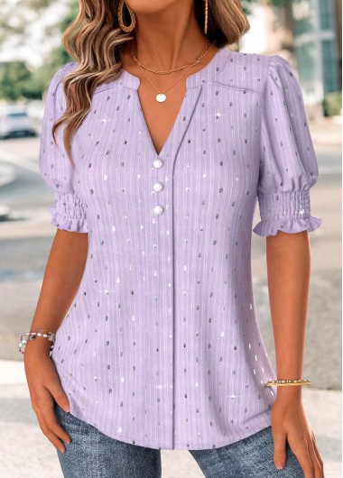 Light Purple tops,Plain Color tops,ROTITA Light Purple Split Neck Short Sleeve Blouse