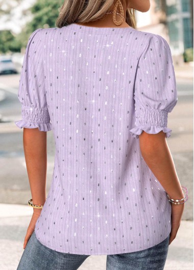 Light Purple tops,Plain Color tops,ROTITA Light Purple Split Neck Short Sleeve Blouse