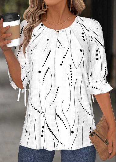 White tops,Geometric tops,Dot tops,ROTITA Geometric Print White Round Neck Half Sleeve T Shirt