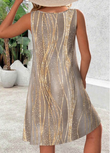 Gray Brown dresses,Dot dresses,Striped dresses,Geometric dresses,Everyday dresses,Casual dresses,ROTITA Moire Print Gray Brown Round Neck Sleeveless Dress