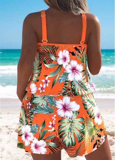 Orange swimwear,Floral swimwear,Plants swimwear,ROTITA Orange Floral Print One Piece Swimwear