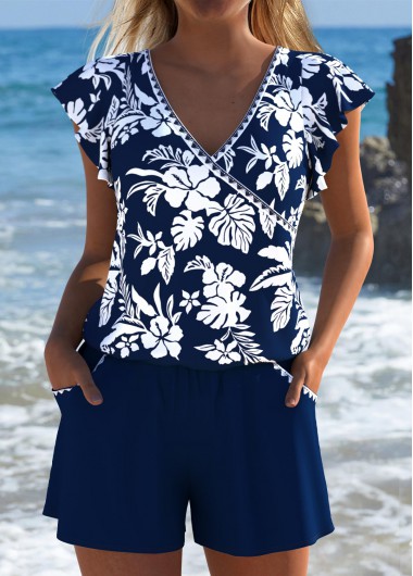 Navy swimwear,Floral swimwear,Plants swimwear,ROTITA Navy Floral Print One Piece Swimwear
