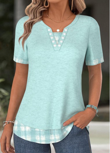Cyan tops,Plaid tops,Geometric tops,ROTITA Plaid Cyan Split Neck Short Sleeve T Shirt