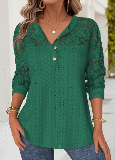 Green tops,Plain Color tops,ROTITA Green Split Neck 3/4 Sleeve T Shirt