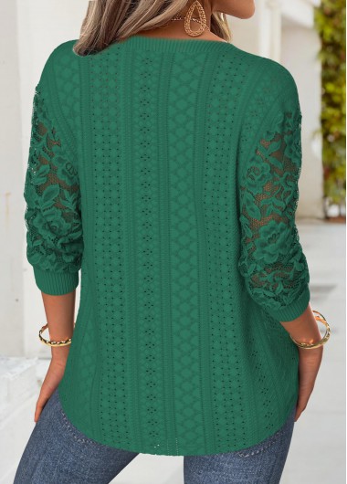Green tops,Plain Color tops,ROTITA Green Split Neck 3/4 Sleeve T Shirt