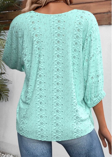 Cyan tops,Plain Color tops,ROTITA Cyan Round Neck 3/4 Sleeve Blouse