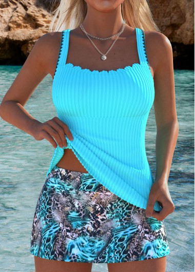 Cyan swimwear,Leopard swimwear,Animal Print swimwear,ROTITA Cyan Leopard Mid Waisted Tankini Set