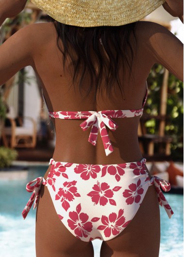 Hot Pink swimwear,Floral swimwear,Plants swimwear,ROTITA Hot Pink Floral Print High Waisted Bikini Set