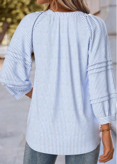 Blue tops,Striped tops,Geometric tops,ROTITA Striped Blue Split Neck 3/4 Sleeve Blouse