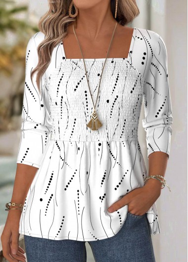 White tops,Geometric tops,ROTITA Geometric Print White Square Neck Long Sleeve Blouse