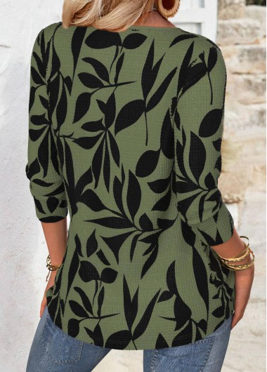 Green tops,Plants tops,ROTITA Leaf Print Green Lace Up Collar T Shirt