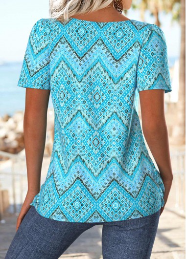 Cyan tops,Geometric tops,ROTITA Geometric Print Cyan Square Neck Short Sleeve T Shirt