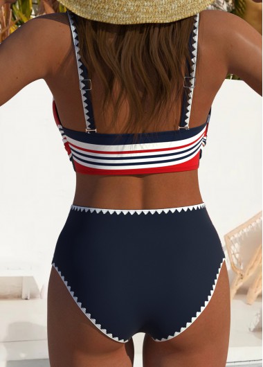 Navy swimwear,Striped swimwear,Geometric swimwear,ROTITA Navy Multi Stripe Print High Waisted Bikini Set