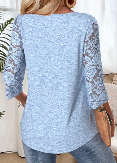 Light Blue tops,Plain Color tops,ROTITA Light Blue Round Neck 3/4 Sleeve T Shirt