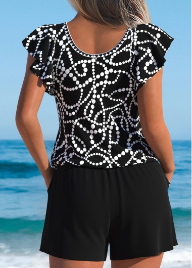 Black swimwear,Geometric swimwear,Dot swimwear,ROTITA Black Geometric Print One Piece Swimwear