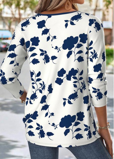 Navy tops,Floral tops,Plants tops,ROTITA Floral Print Navy Split Neck Long Sleeve T Shirt