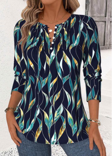 Navy tops,Plants tops,ROTITA Leaf Print Navy Split Neck Long Sleeve Blouse