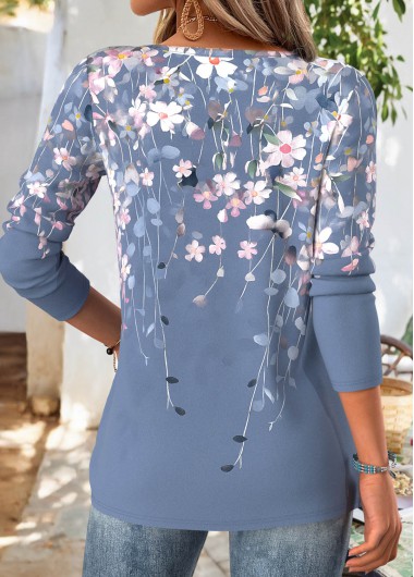 Multi Color tops,Floral tops,Plants tops,ROTITA Floral Print Multi Color Split Neck T Shirt