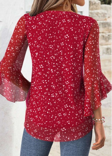 Red tops,Floral tops,Plants tops,ROTITA Floral Print Red Split Neck 3/4 Sleeve Blouse