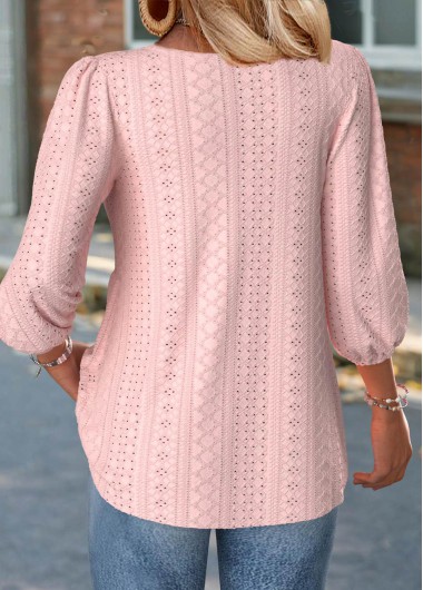 Light Pink tops,Plain Color tops,ROTITA Light Pink Split Neck 3/4 Sleeve Blouse