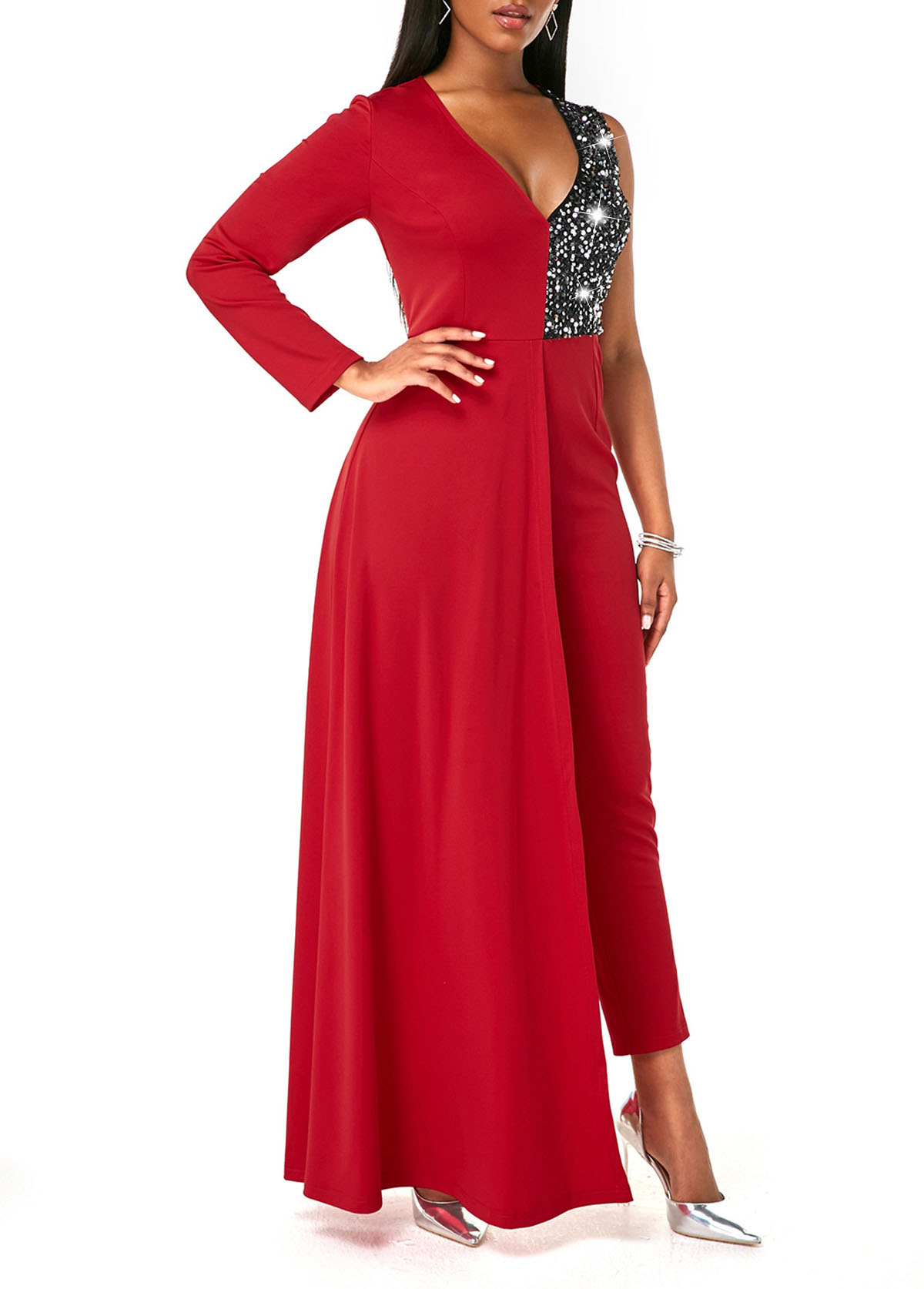 Red jumpsuits&rompers,Contrast Color jumpsuits&rompers,ROTITA V Neck Sequin Contrast One Shoulder Jumpsuit