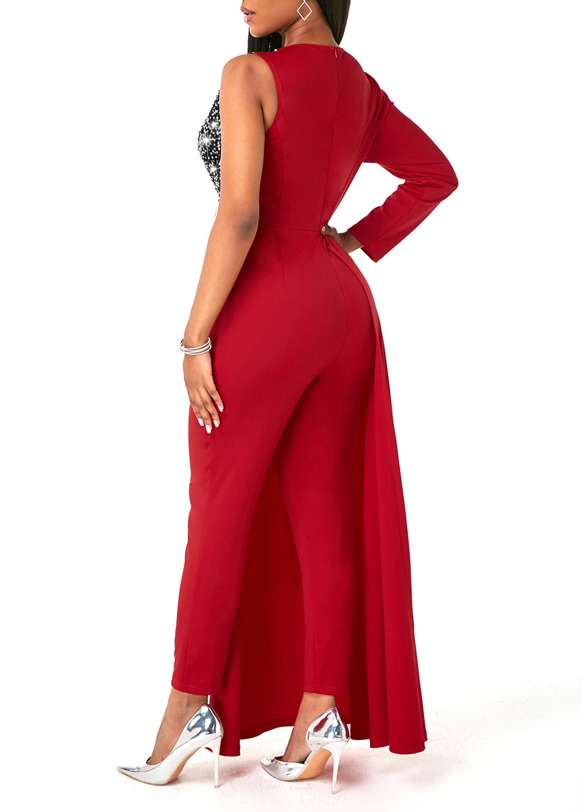 Red jumpsuits&rompers,Contrast Color jumpsuits&rompers,ROTITA V Neck Sequin Contrast One Shoulder Jumpsuit