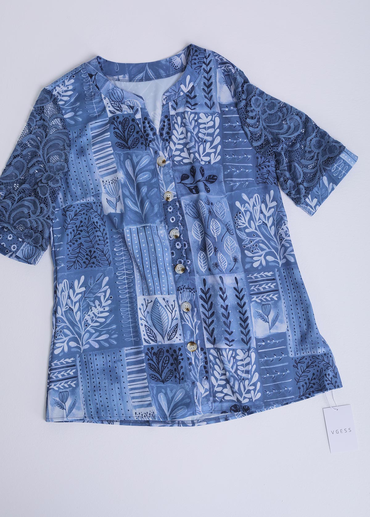 Denim Blue tops,Plants tops,ROTITA Lace Leaf Print Denim Blue Split Neck Blouse