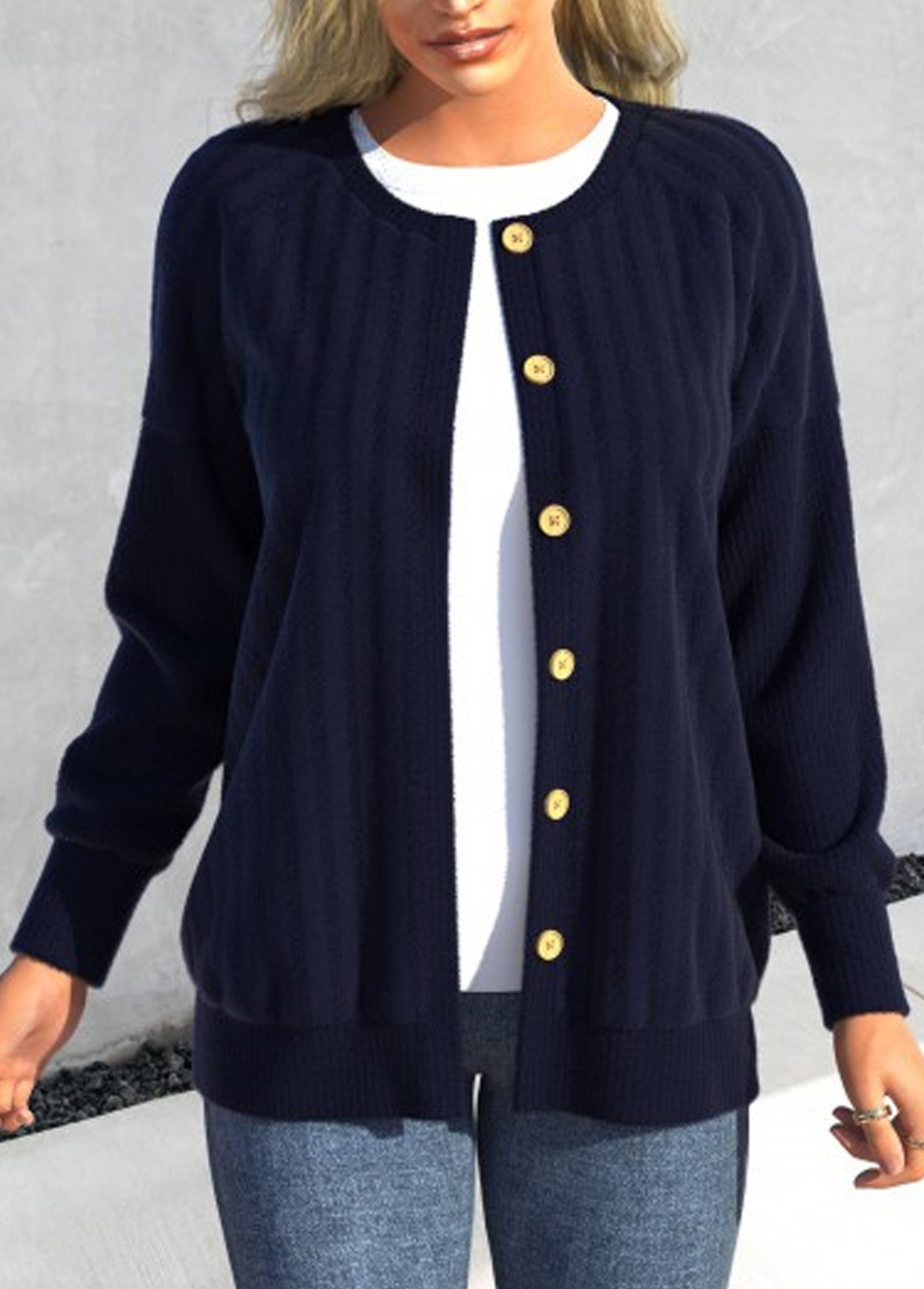 Blue tops,Plain Color tops,ROTITA Button Blue Round Neck Long Sleeve Coat