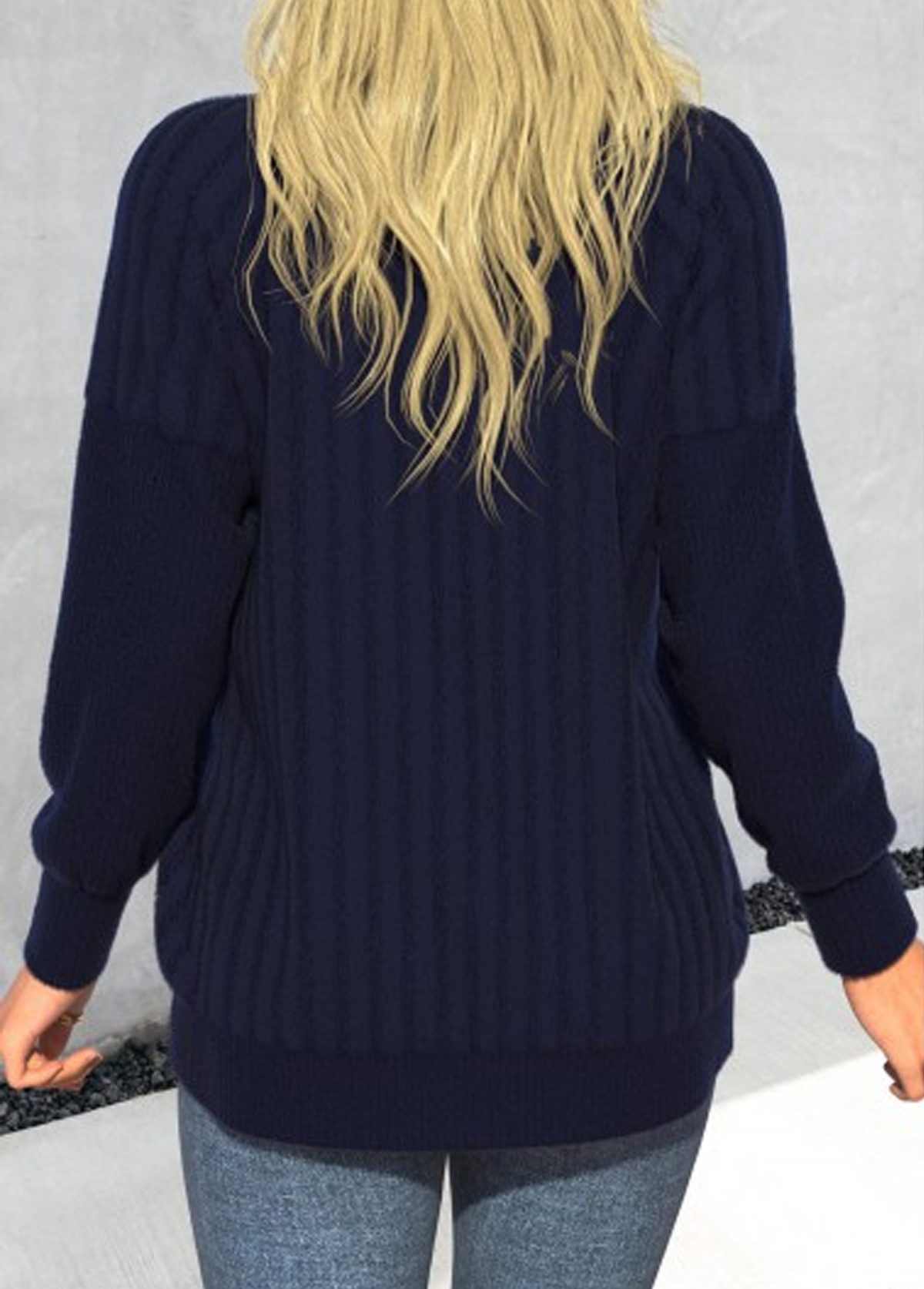 Blue tops,Plain Color tops,ROTITA Button Blue Round Neck Long Sleeve Coat