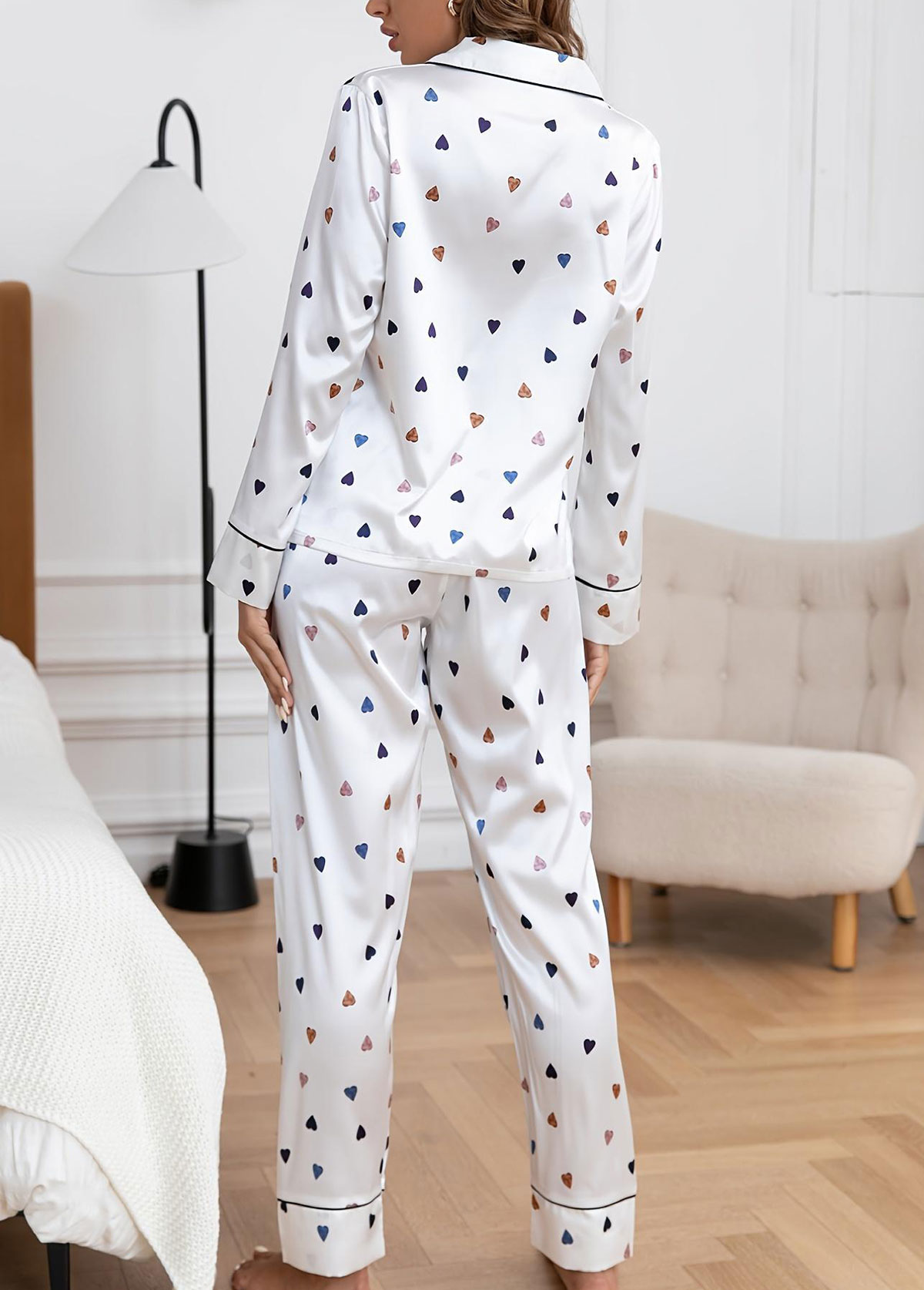 White loungewear,Heart loungewear,Heart Print White Shirt Collar Lounge Top and Pants