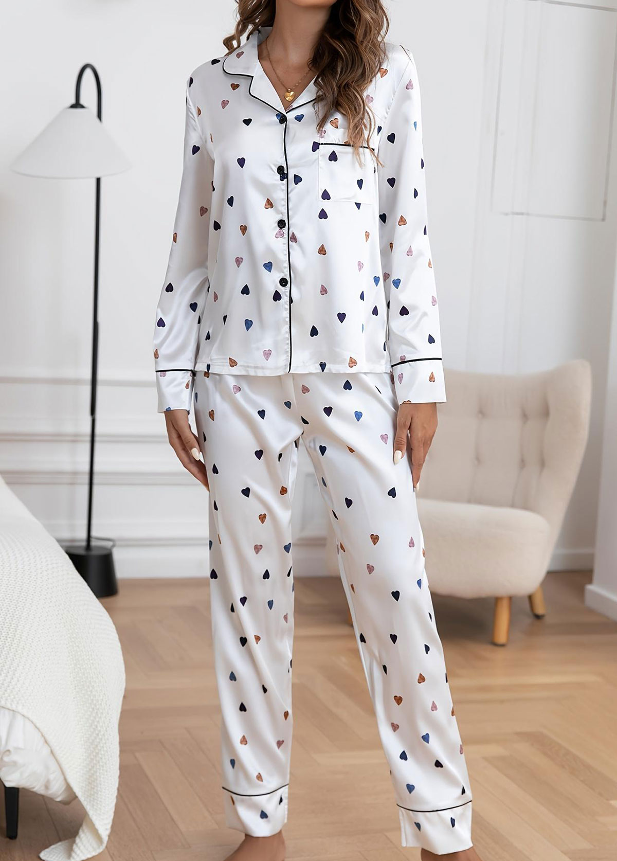 White loungewear,Heart loungewear,Heart Print White Shirt Collar Lounge Top and Pants