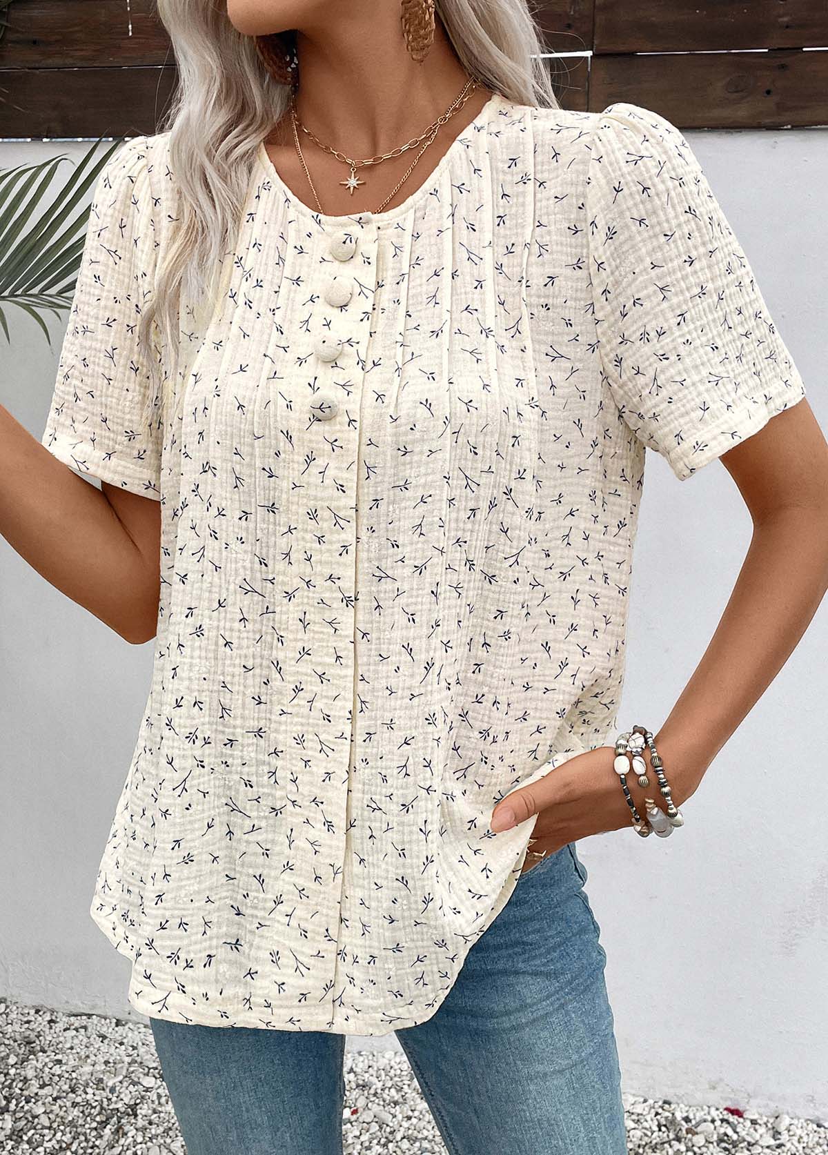 Beige tops,Plain Color tops,ROTITA White Round Neck Short Sleeve T Shirt