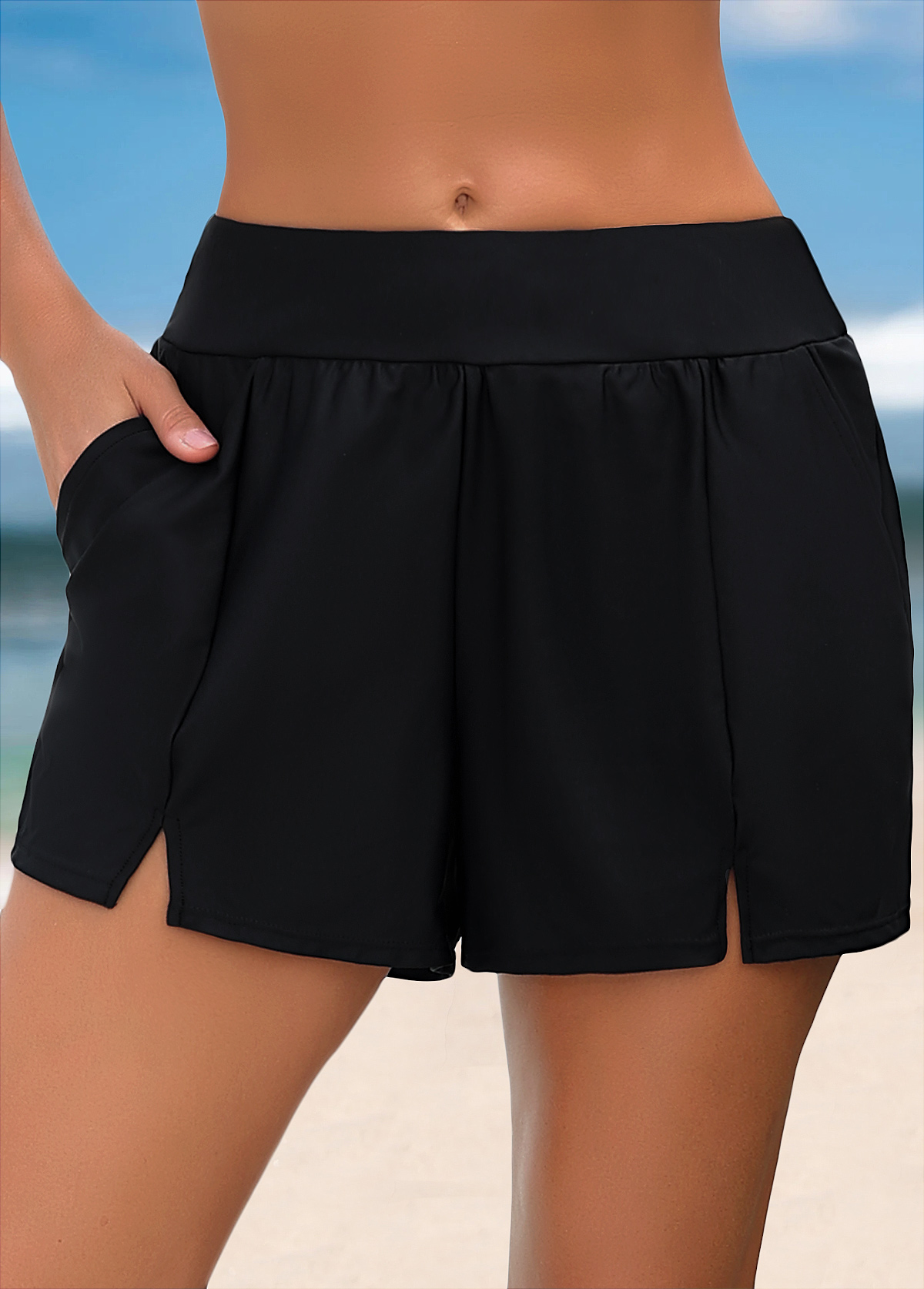 Black swimwear,Plain Color swimwear,ROTITA Black Color Mid Waisted Swim Shorts