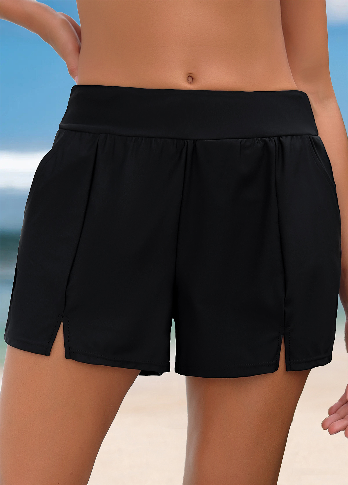 Black swimwear,Plain Color swimwear,ROTITA Black Color Mid Waisted Swim Shorts