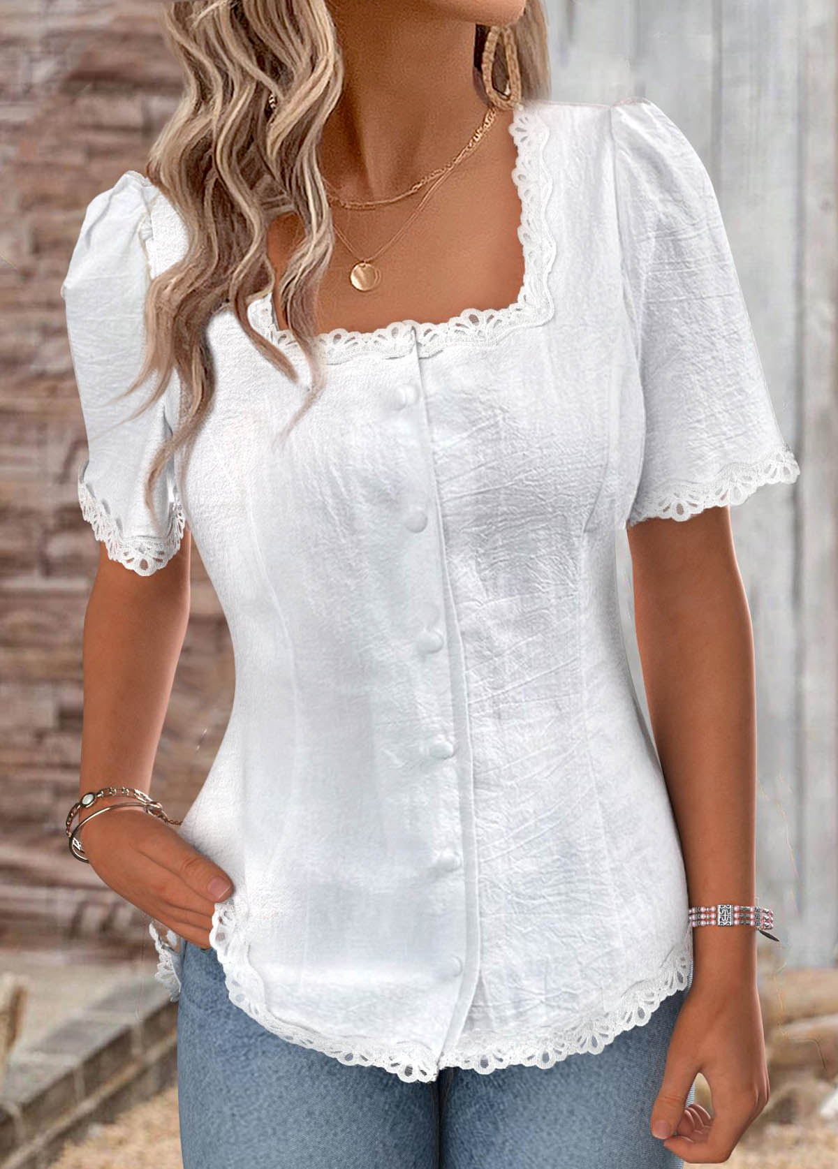 White tops,Plain Color tops,ROTITA White Square Neck Short Sleeve Blouse