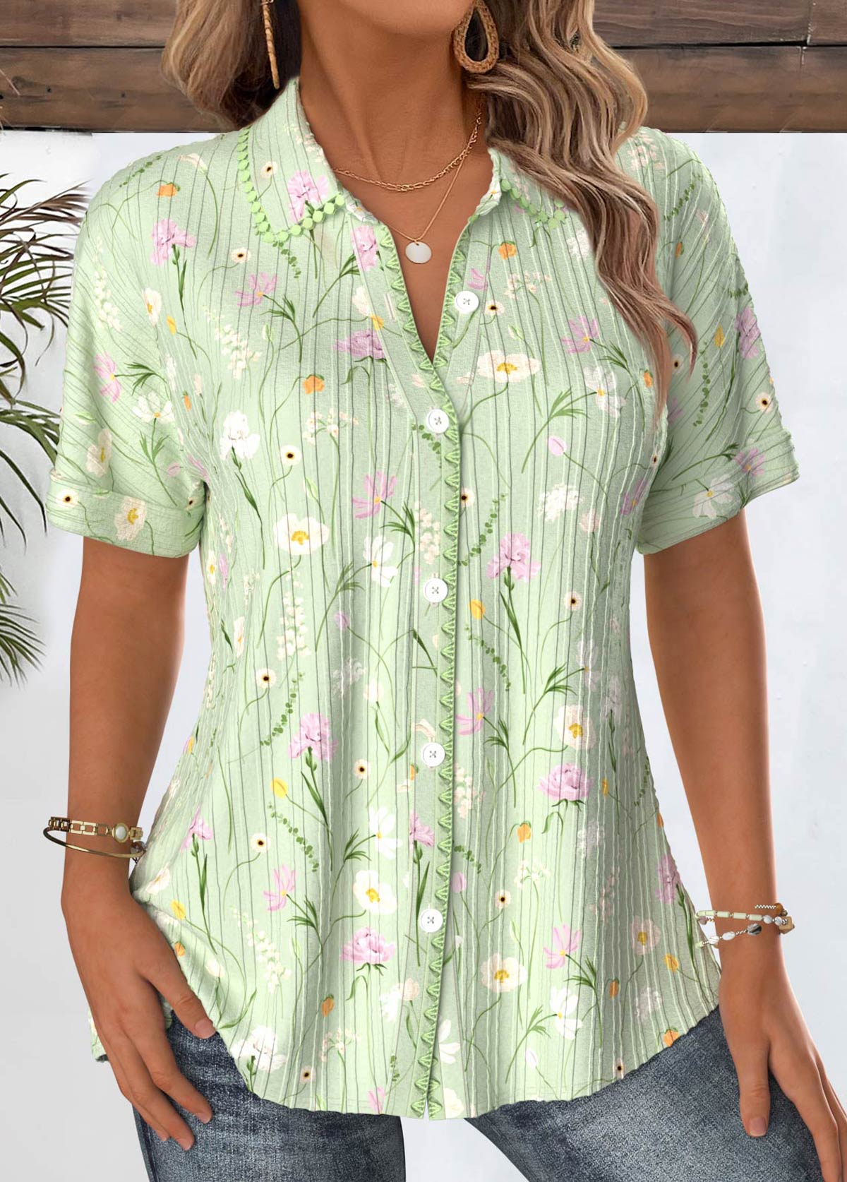 Light Green tops,Floral tops,Plants tops,ROTITA Floral Print Light Green Short Sleeve Shirt