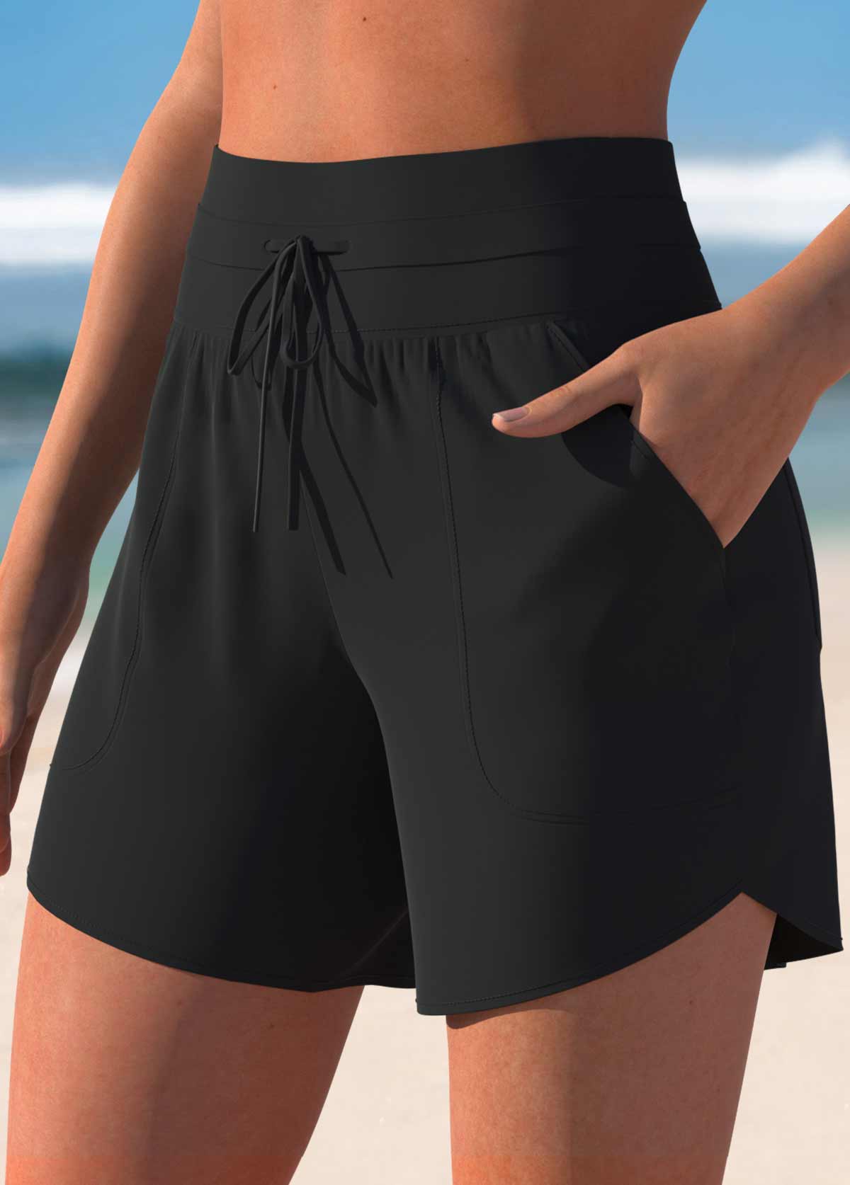 Black swimwear,Plain Color swimwear,ROTITA Black Color Mid Waisted Swim Shorts