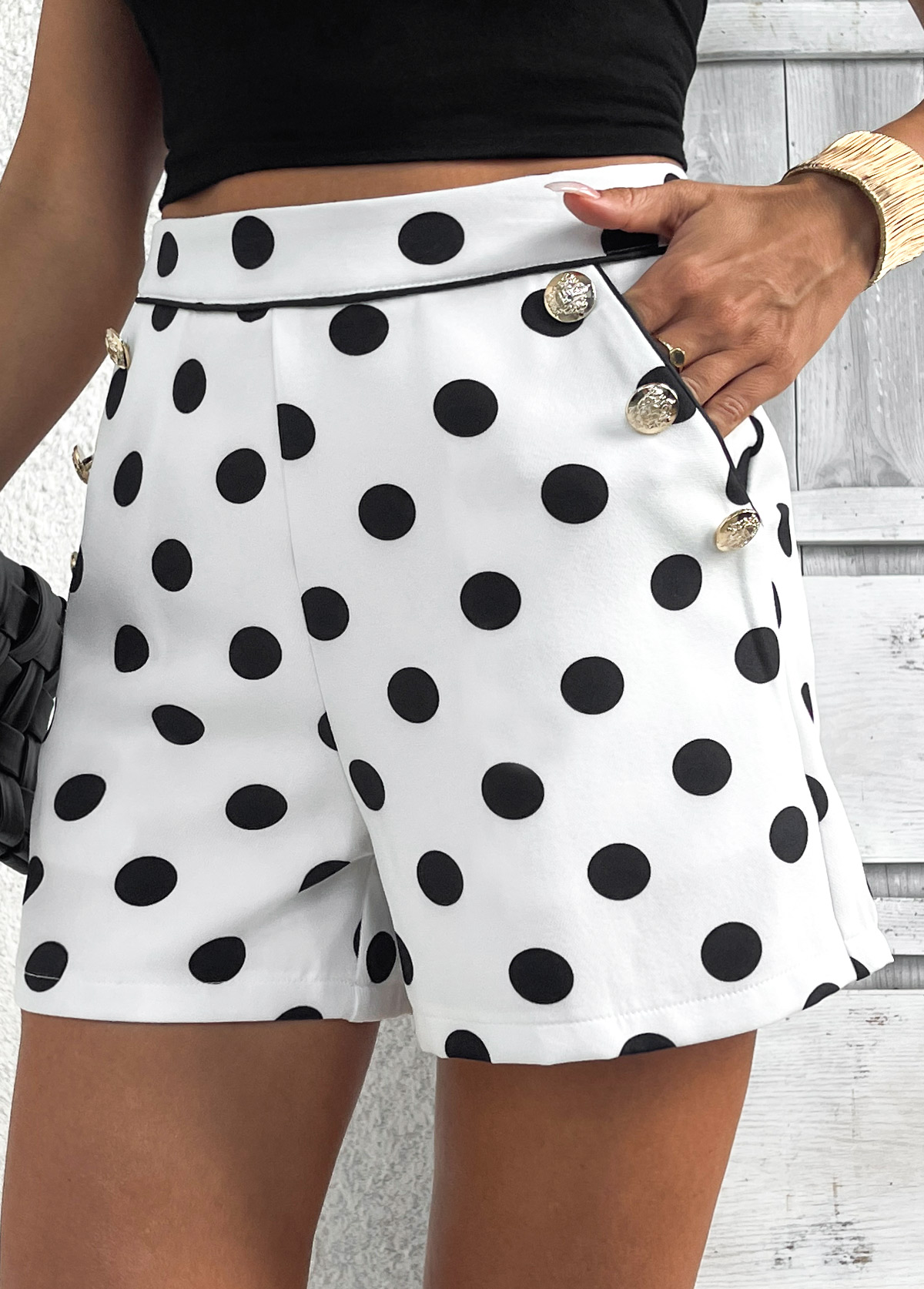White bottoms,Dot bottoms,Polka Dot White Zipper Fly Mid Waisted Shorts