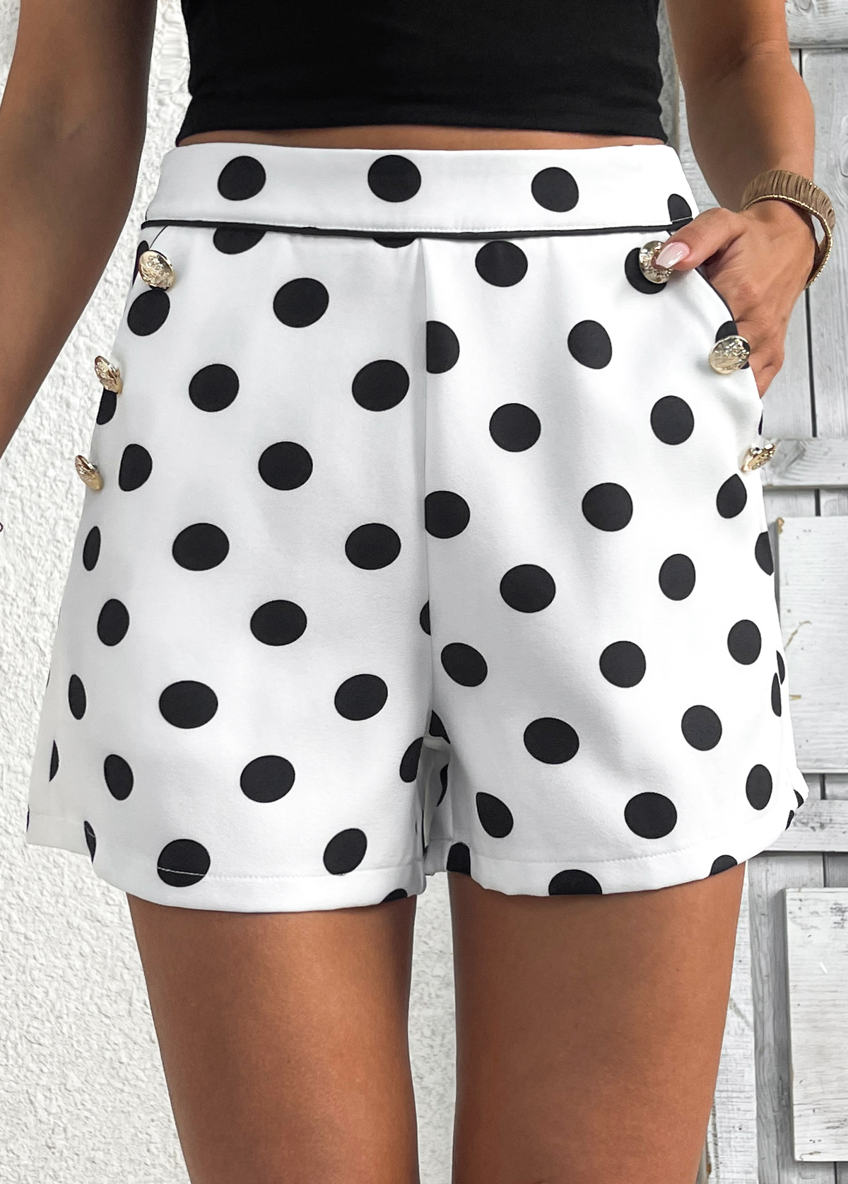 White bottoms,Dot bottoms,Polka Dot White Zipper Fly Mid Waisted Shorts