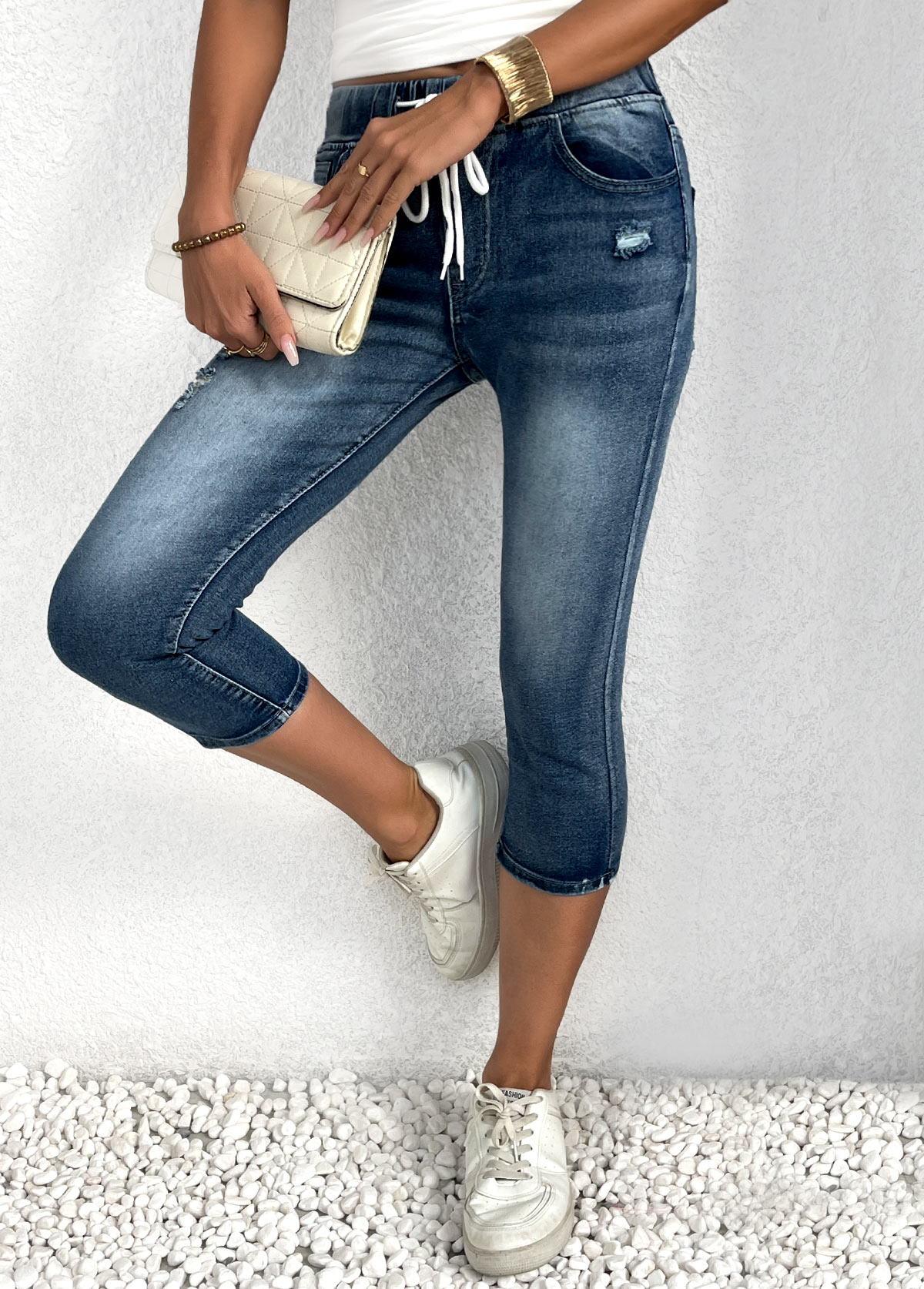 Denim Blue bottoms,Plain Color bottoms,Denim Blue Skinny Elastic Waist High Waisted Shorts