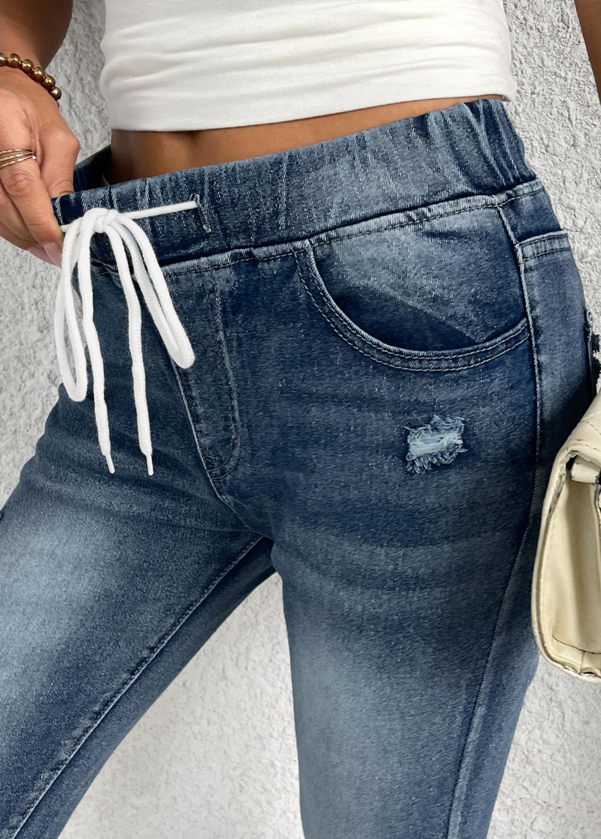 Denim Blue bottoms,Plain Color bottoms,Denim Blue Skinny Elastic Waist High Waisted Shorts