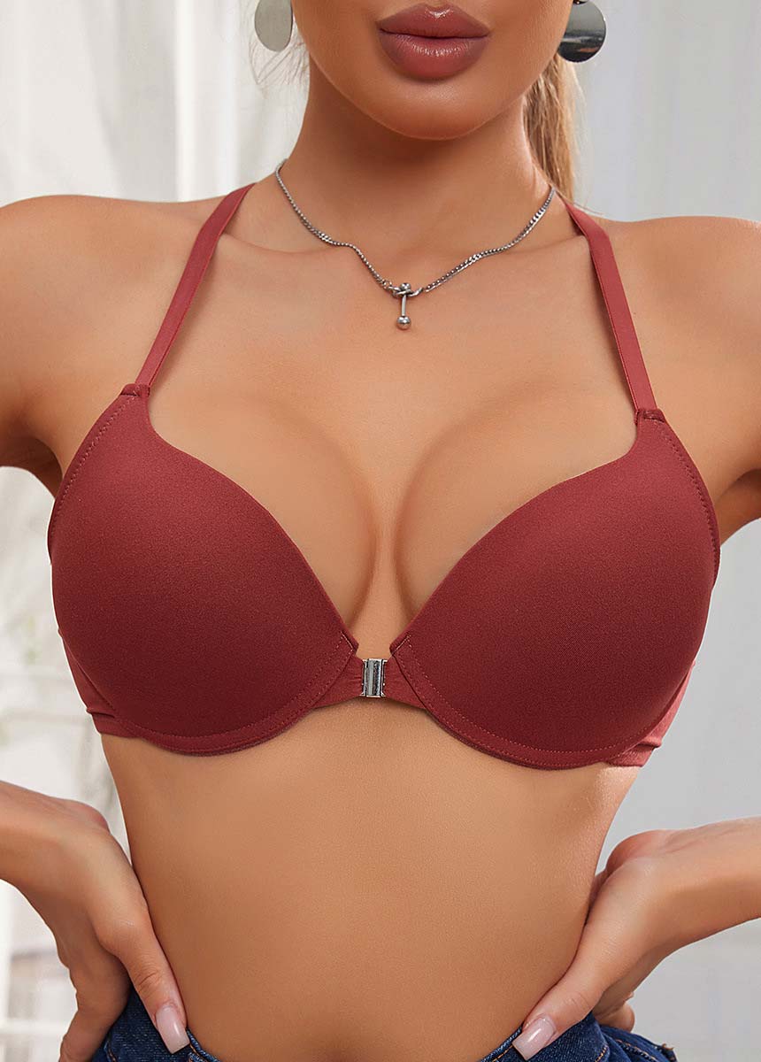 Wine Red intimates,Plain Color intimates,Wine Red V Neck Push-up Bra
