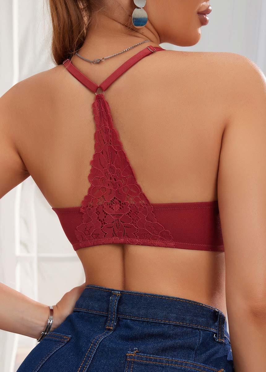 Wine Red intimates,Plain Color intimates,Wine Red V Neck Push-up Bra