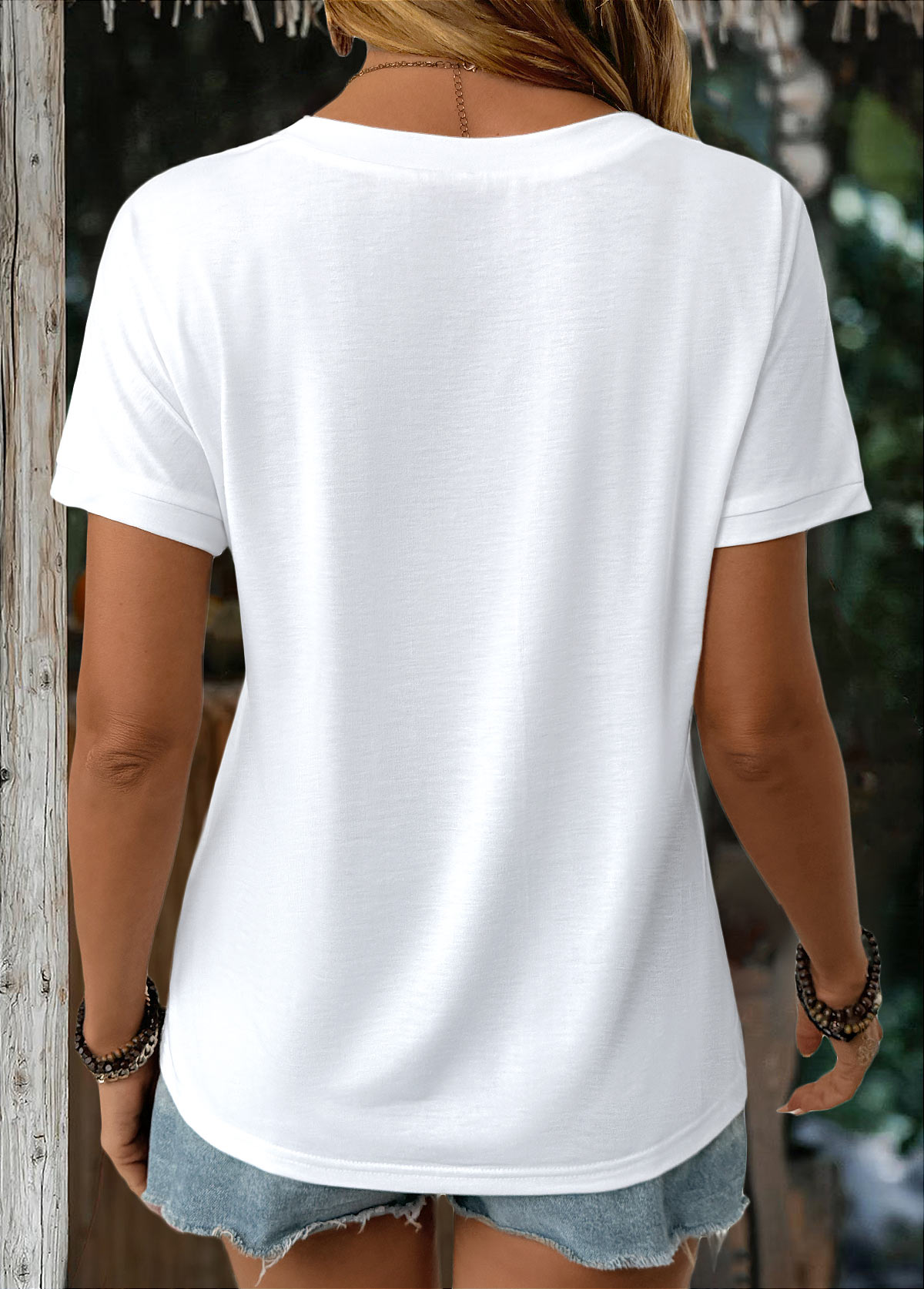 White tops,Plain Color tops,ROTITA White V Neck Short Sleeve T Shirt