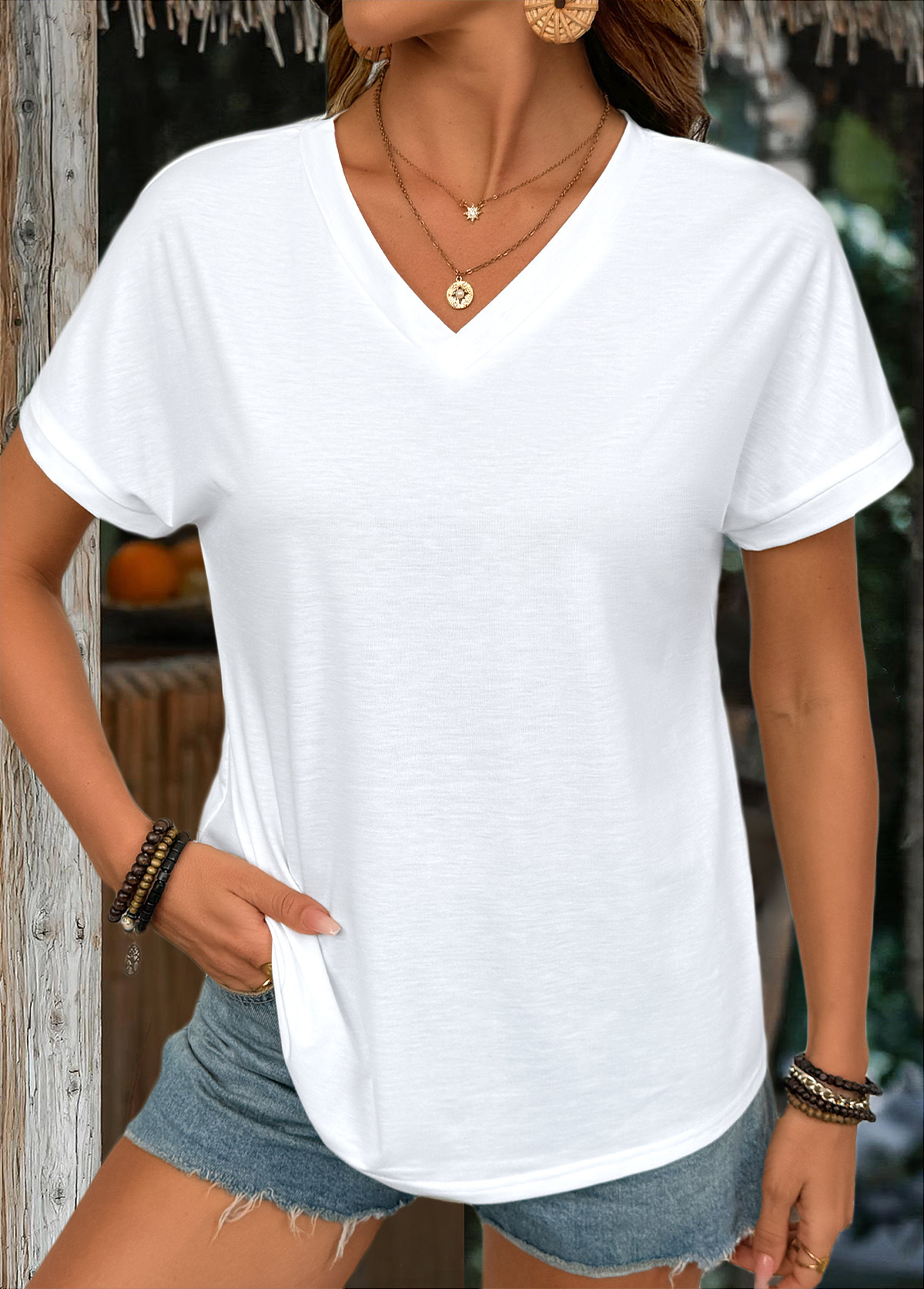 White tops,Plain Color tops,ROTITA White V Neck Short Sleeve T Shirt