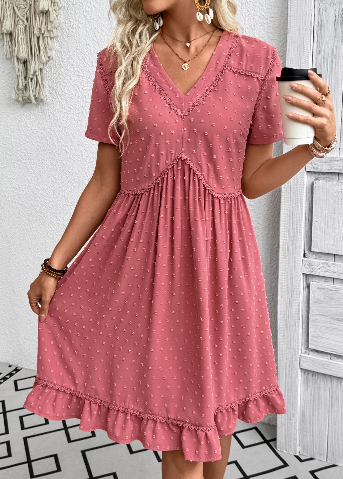 Coral dresses,Plain Color dresses,Everyday dresses,Casual dresses,ROTITA Coral A Line V Neck Short Sleeve Dress