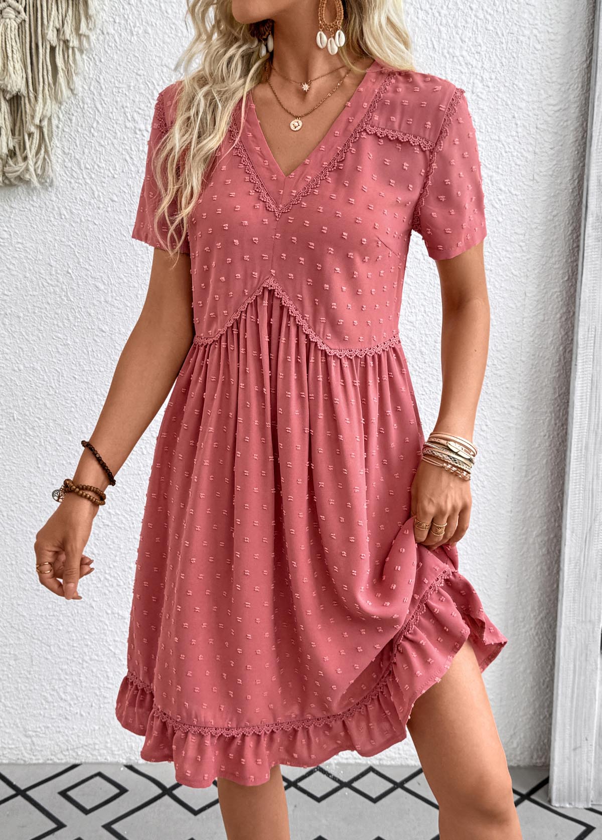 Coral dresses,Plain Color dresses,Everyday dresses,Casual dresses,ROTITA Coral A Line V Neck Short Sleeve Dress