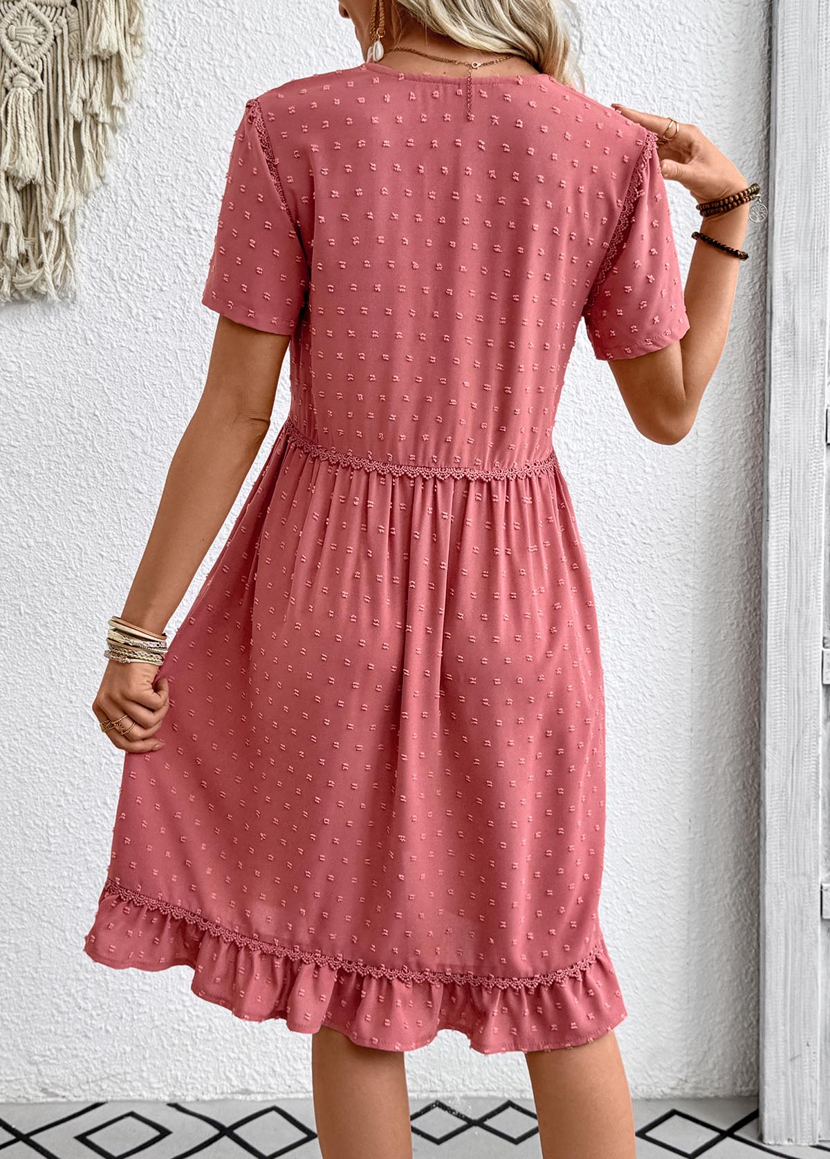 Coral dresses,Plain Color dresses,Everyday dresses,Casual dresses,ROTITA Coral A Line V Neck Short Sleeve Dress