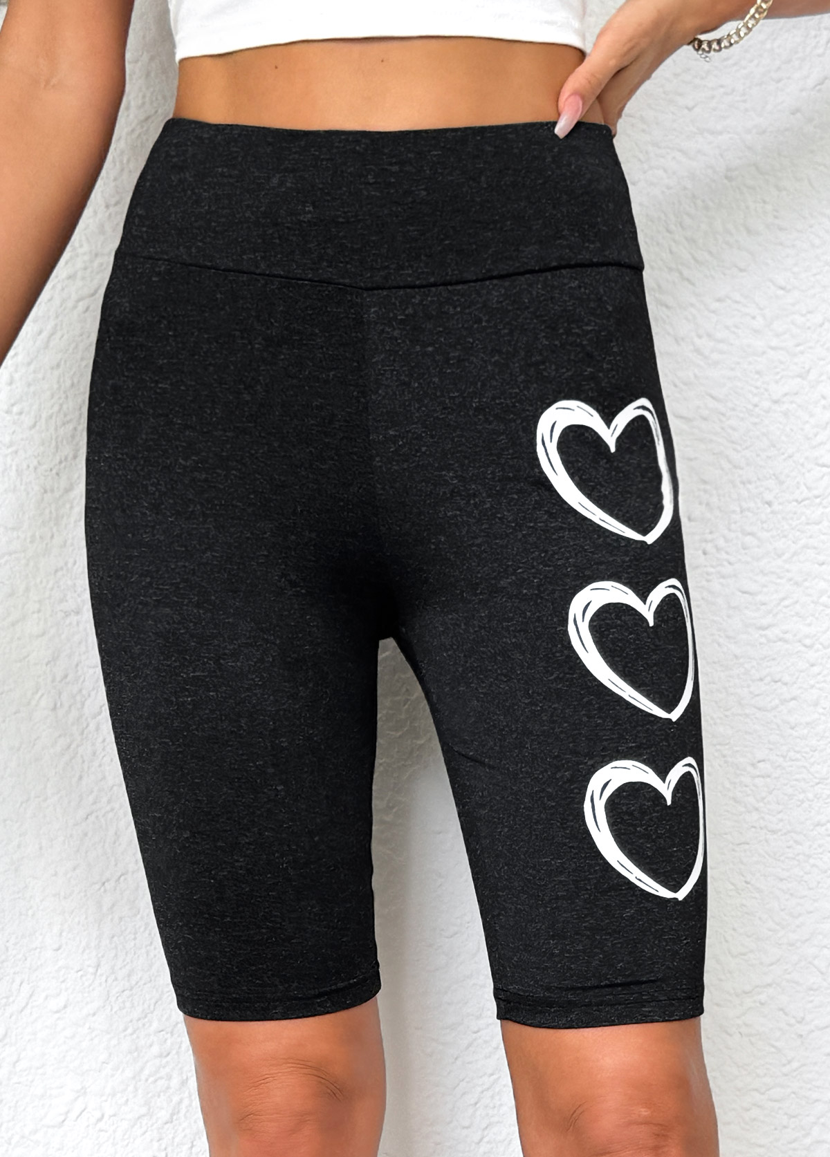Black bottoms,Heart bottoms,Heart Print Black High Waisted Elastic Waist Short Leggings